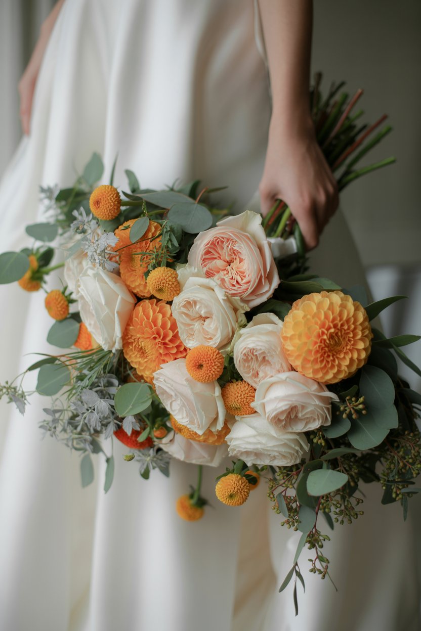 Burnt orange, green, and cream wedding color palette inspiration.”