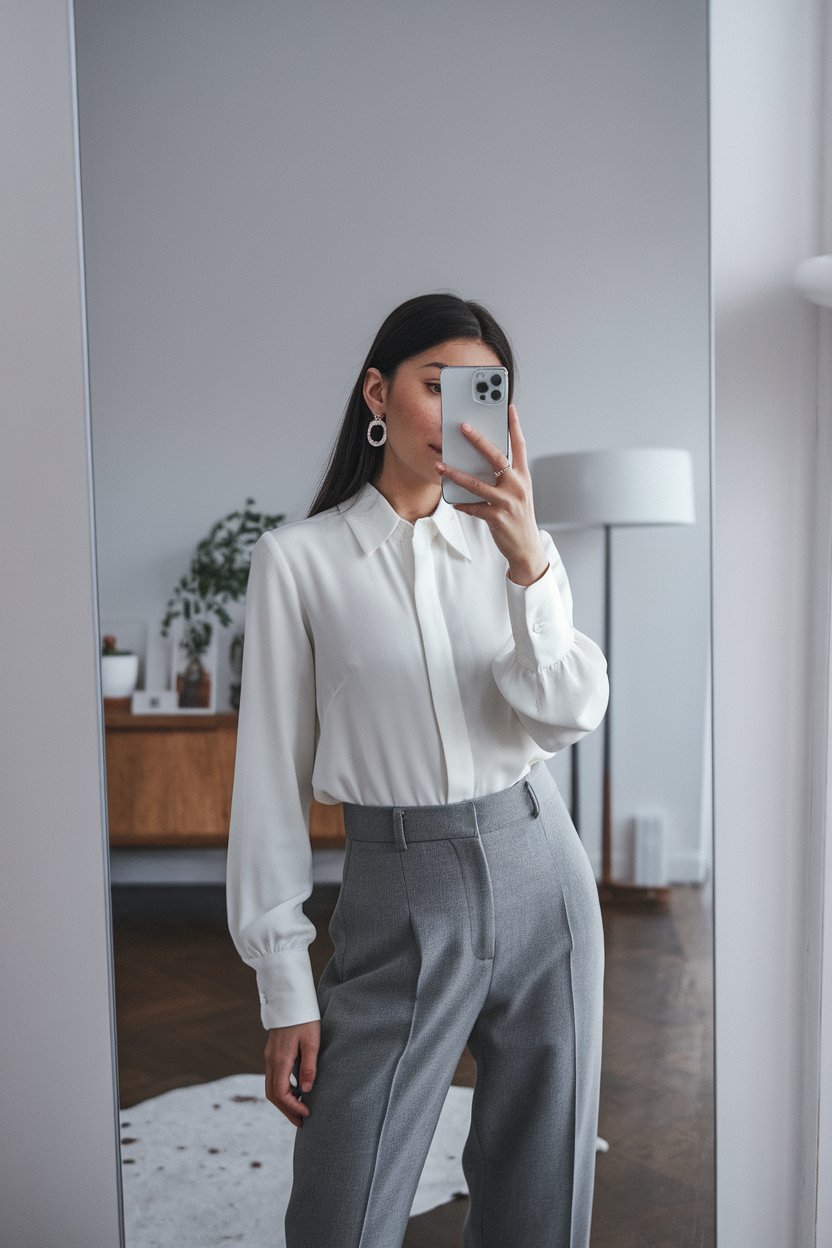 Japanese woman taking a mirror selfie wearing a
premium white blouse with tailored wool trousers, clean modern interior — women luxury business basics.