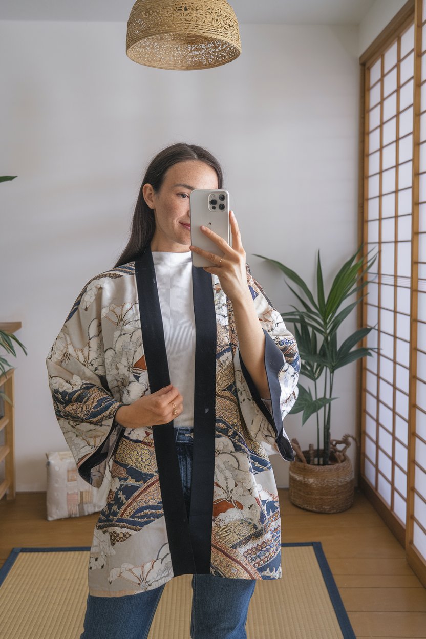 Japanese woman taking a mirror selfie wearing a
kimono-style jacket with modern fit and traditional patterns, clean minimal interior — japanese women traditional clothing.