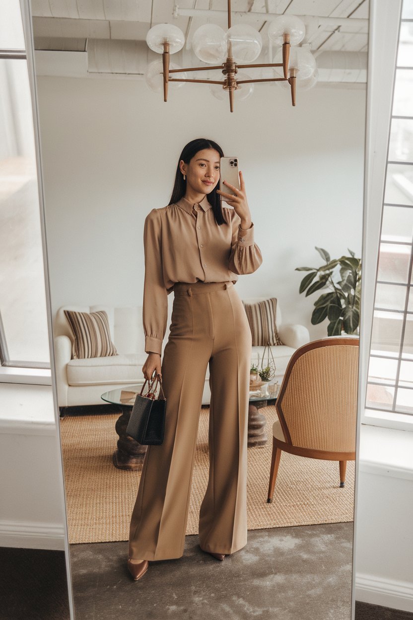 Japanese woman taking a mirror selfie wearing an
earth-tone blouse paired with tailored pants, refined bright interior — women business outfits earth tones.