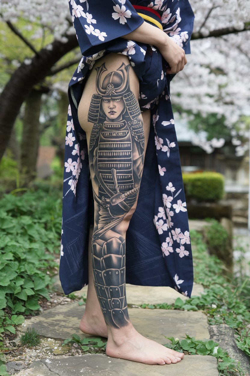 Samurai Tattoo leg A detailed full-leg tattoo featuring a samurai, a geisha, and cherry blossoms in a striking black and red color scheme