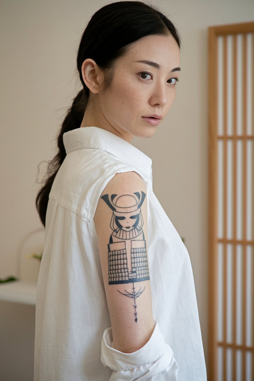 A Japanese woman with a sleek minimalist Samurai tattoo, her face softly illuminated in the shot.