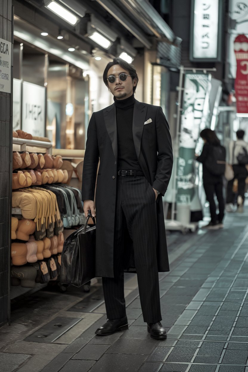 Japanese man wearing an elegant all-black
modern outfit, standing in stylish Aoyama district — mens japanese fashion.