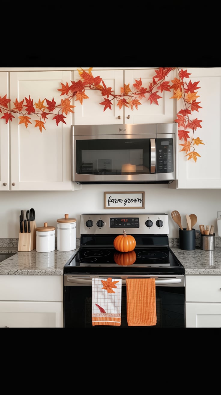 Fall apartment kitchen with hanging wreath and warm neutral accents