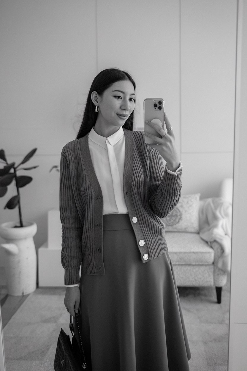 Japanese woman taking a mirror selfie wearing a
fitted cardigan with blouse and structured midi skirt, elegant bright interior — women elegant business cardigan style.