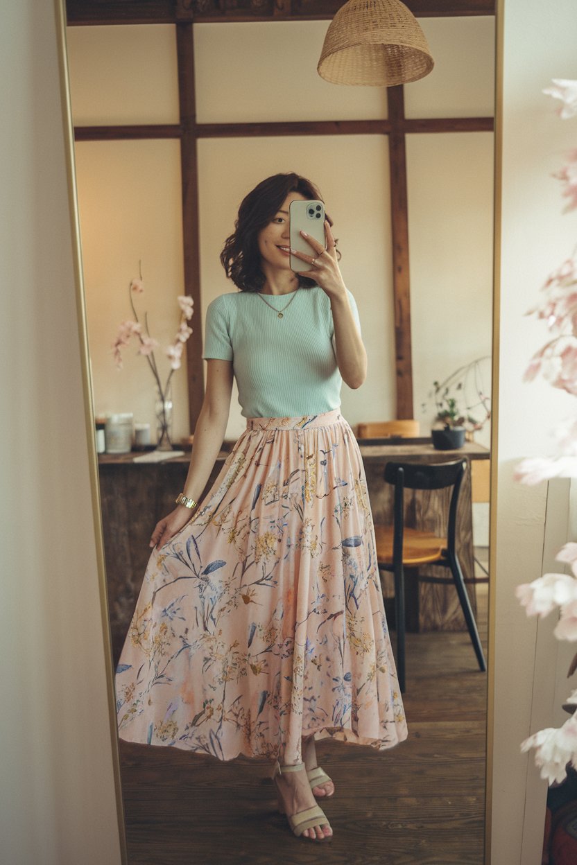 Japanese woman taking a mirror selfie in an airy
flowy spring skirt with pastel top, minimal warm interior — japanese women spring fashion.