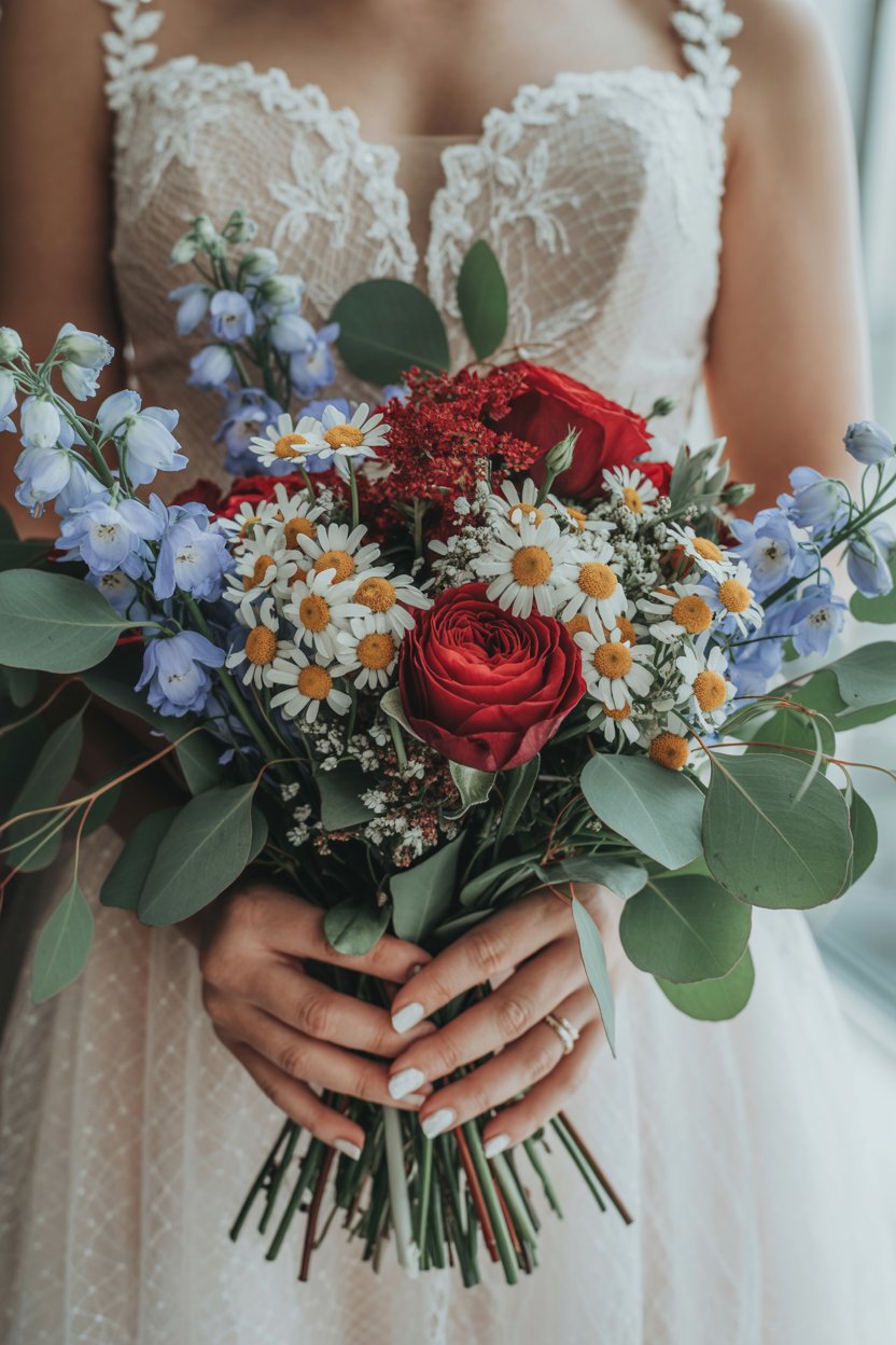 Bridal bouquet featuring chrysanthemums and dried wheat stalks.