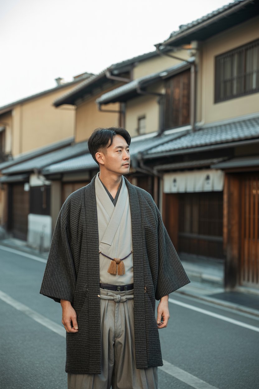 Japanese man in a haori-inspired wool coat
paired with simple winter layers, standing in a quiet Kyoto street. The outfit mixes traditional influence with modern minimalism. Soft winter daylight and subtle architectural details create a serene, elegant feel.