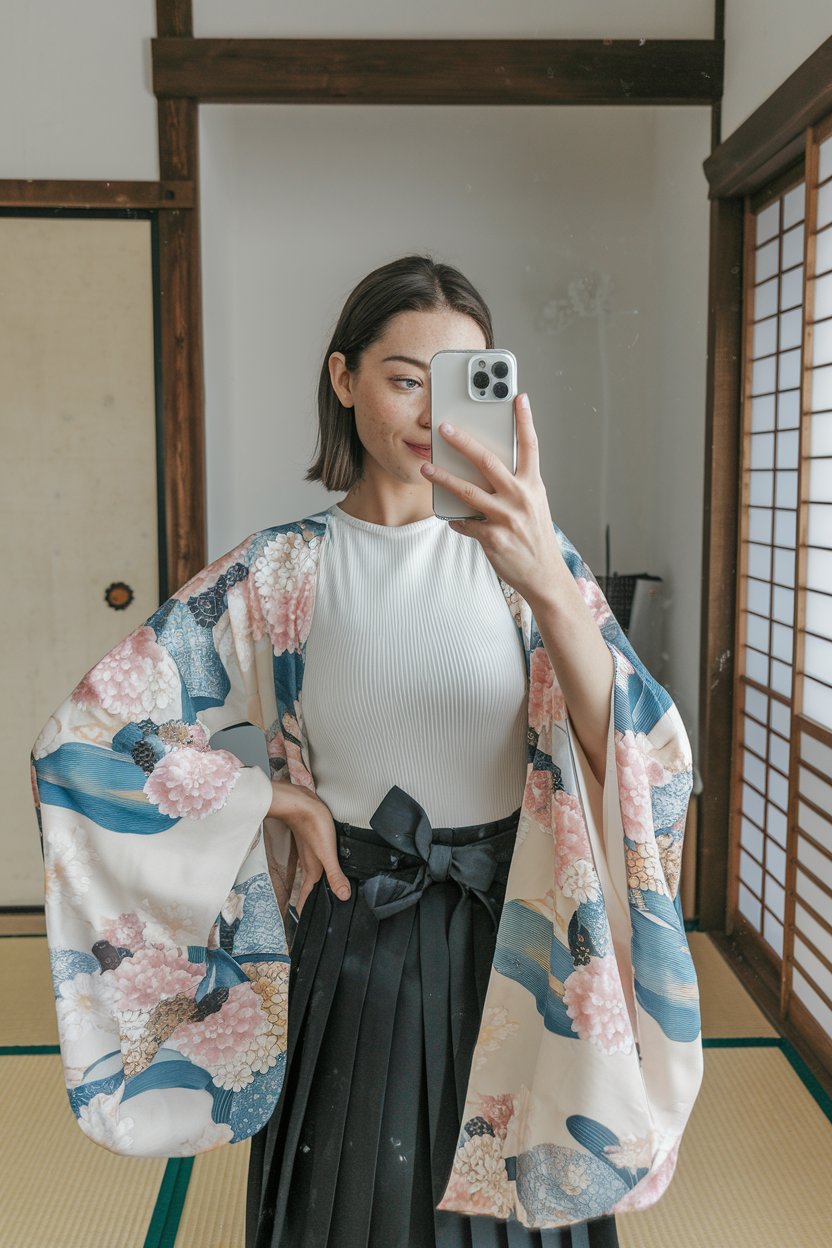 Japanese woman taking a mirror selfie in a
modern outfit featuring kimono-style sleeves and soft flowing fabrics — japanese women traditional clothing.