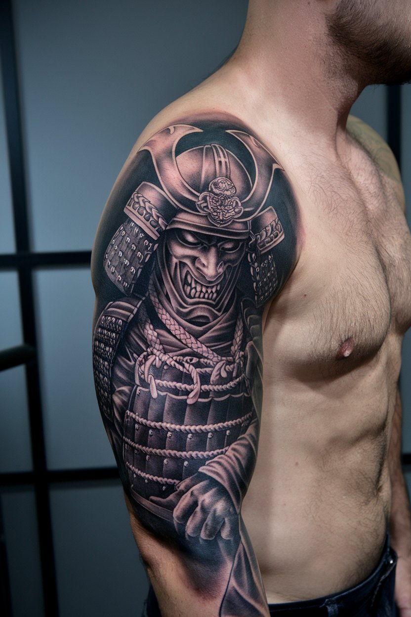 "Samurai Tattoo design warriors A detailed tattoo
of a samurai warrior wearing traditional armor and a menacing mask."