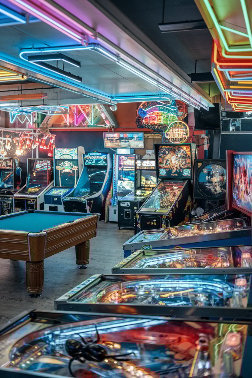 A photo of a Japanese arcade with retro pinball
machines and a billiard table. The arcade has a vibrant atmosphere with neon lights, and colorful arcade signs. There are several pinball machines with various designs and themes. One of the machines has a giant spider on the playfield. A billiard table is placed in the corner. The background contains multiple arcade games, including racing games, shooting games, and a claw machine. The lighting is bright, with some areas being darker than others.