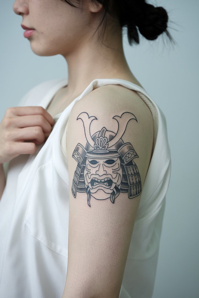 A Japanese woman featuring a minimalistic Samurai tattoo, captured with her face in sharp detail.
