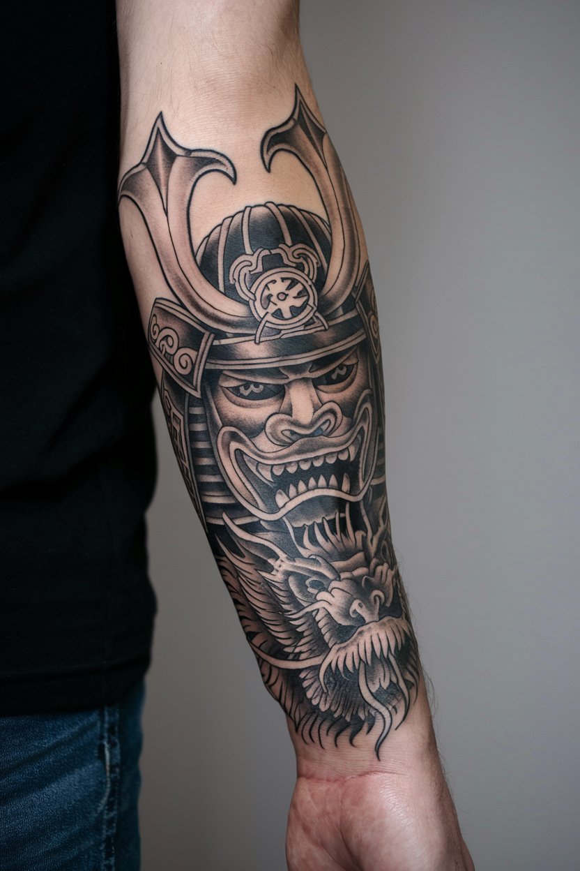 Samurai Tattoo forearm A detailed black and grey
tattoo of a samurai helmet and dragon covers the forearm."