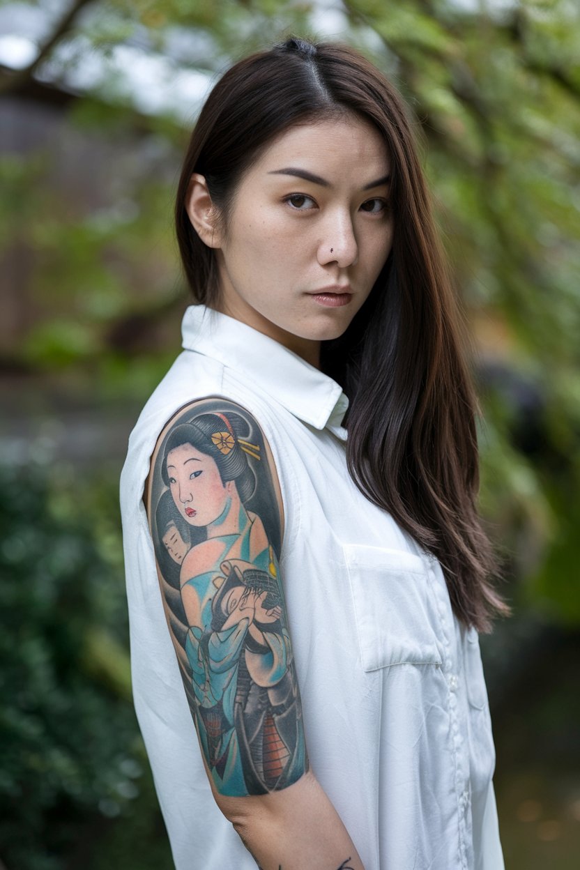 A photograph of a Japanese woman displaying a beautifully crafted Japanese tattoo design.