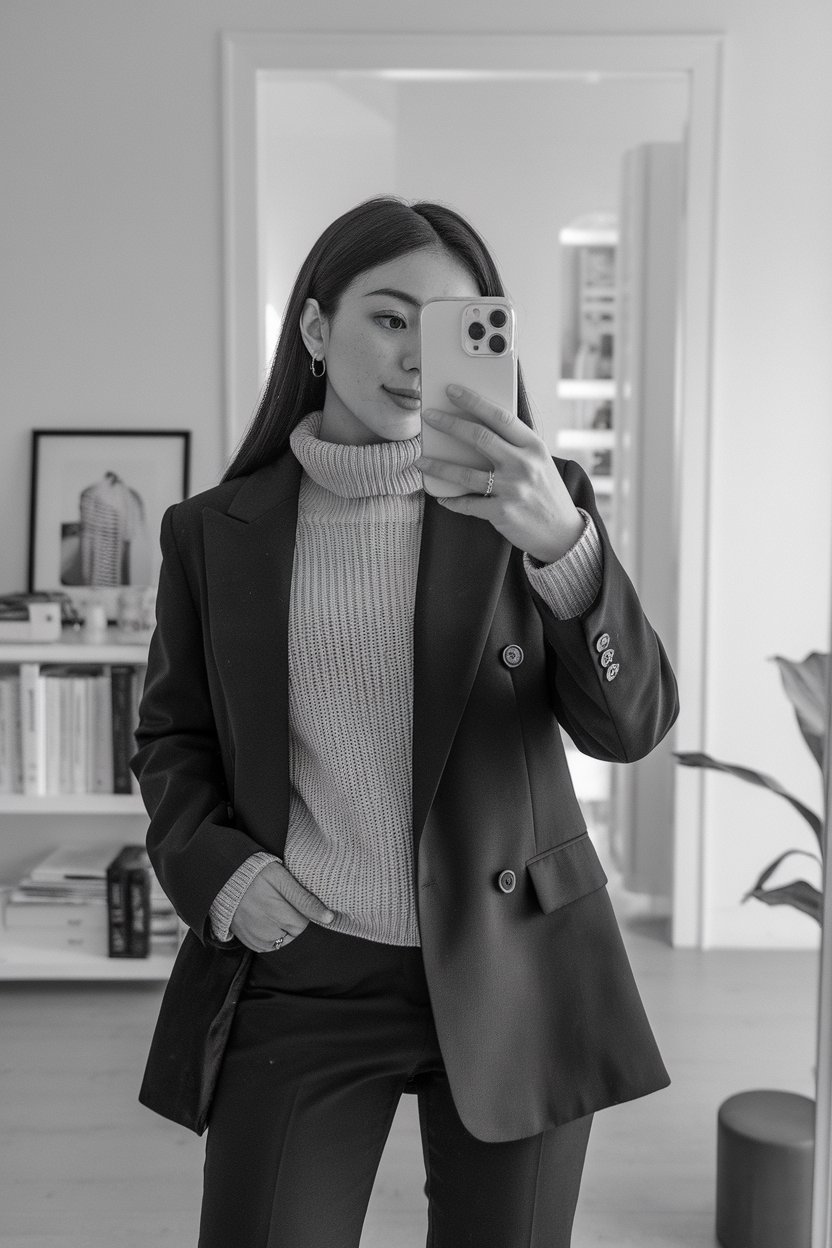japanese Woman taking a mirror selfie wearing a
knit sweater layered under a blazer, modern professional interior — women business knitwear outfits.