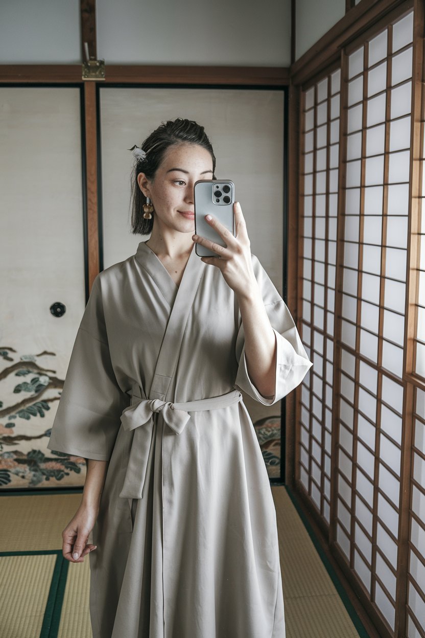 Japanese woman taking a mirror selfie wearing a
minimal kimono-inspired wrap dress with clean lines and refined accessories — japanese women traditional clothing.