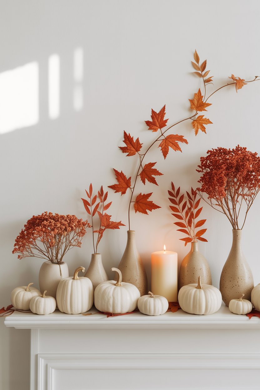 “Fall mantel with TV, low-profile garland, and mini pumpkins”

