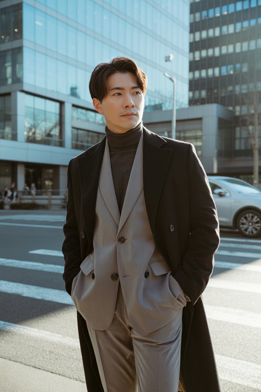 Stylish Japanese man dressed in a tailored winter
coat with a turtleneck and slim trousers, standing near modern office buildings. The look is polished, business-ready, and layered with subtle elegance. Bright winter light and a sleek urban environment add a professional tone.