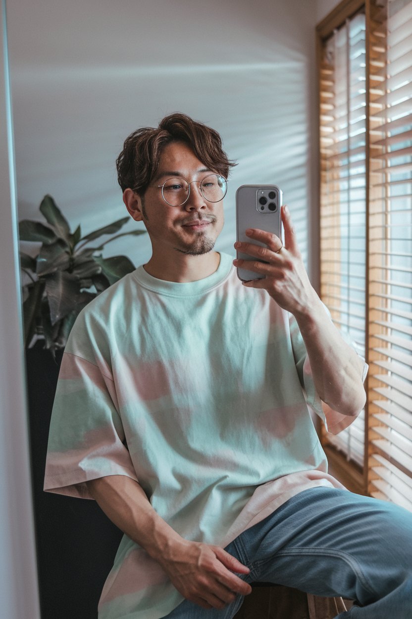 Japanese man taking a mirror selfie wearing a
pastel loose t-shirt and medium-wash denim pants, soft natural lighting — japanese mens casual everyday style.