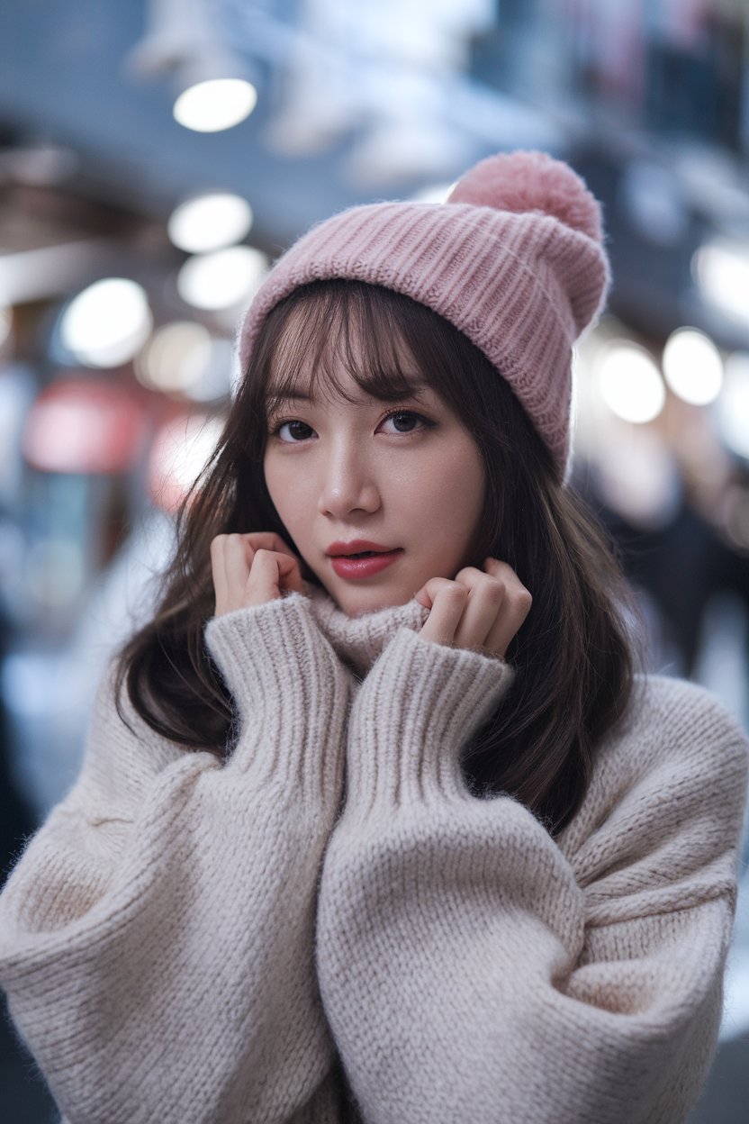 Japanese woman in soft knit sweater with
feminine winter outfit, gentle Harajuku backdrop — japanese fashion winter.