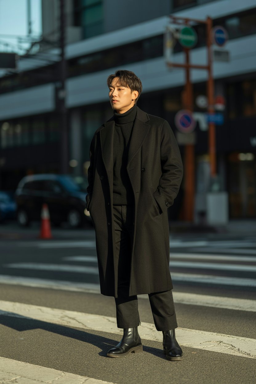 Japanese man in a sleek all-black winter
ensemble featuring a structured wool coat, knit layers, and minimal boots, standing in an urban Yokohama setting. The outfit is bold, modern, and sharply elegant. The scene is lit with soft winter daylight for a polished atmosphere.