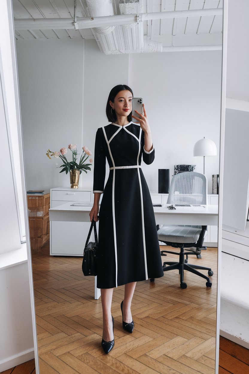 Japanese woman taking a mirror selfie wearing a
black-and-white office dress with clean lines, elegant minimalist interior — women black and white office outfits.