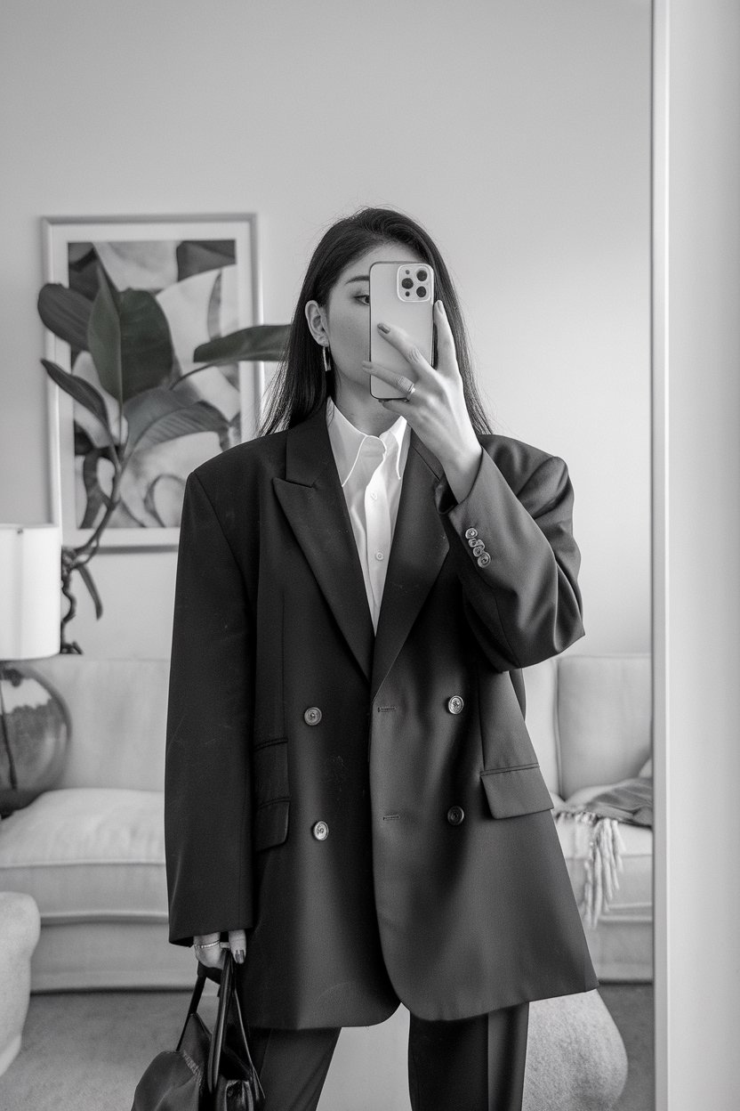 Japanese woman taking a mirror selfie wearing an
executive oversized blazer power outfit with balanced proportions, refined professional setting — women oversized blazer business look.