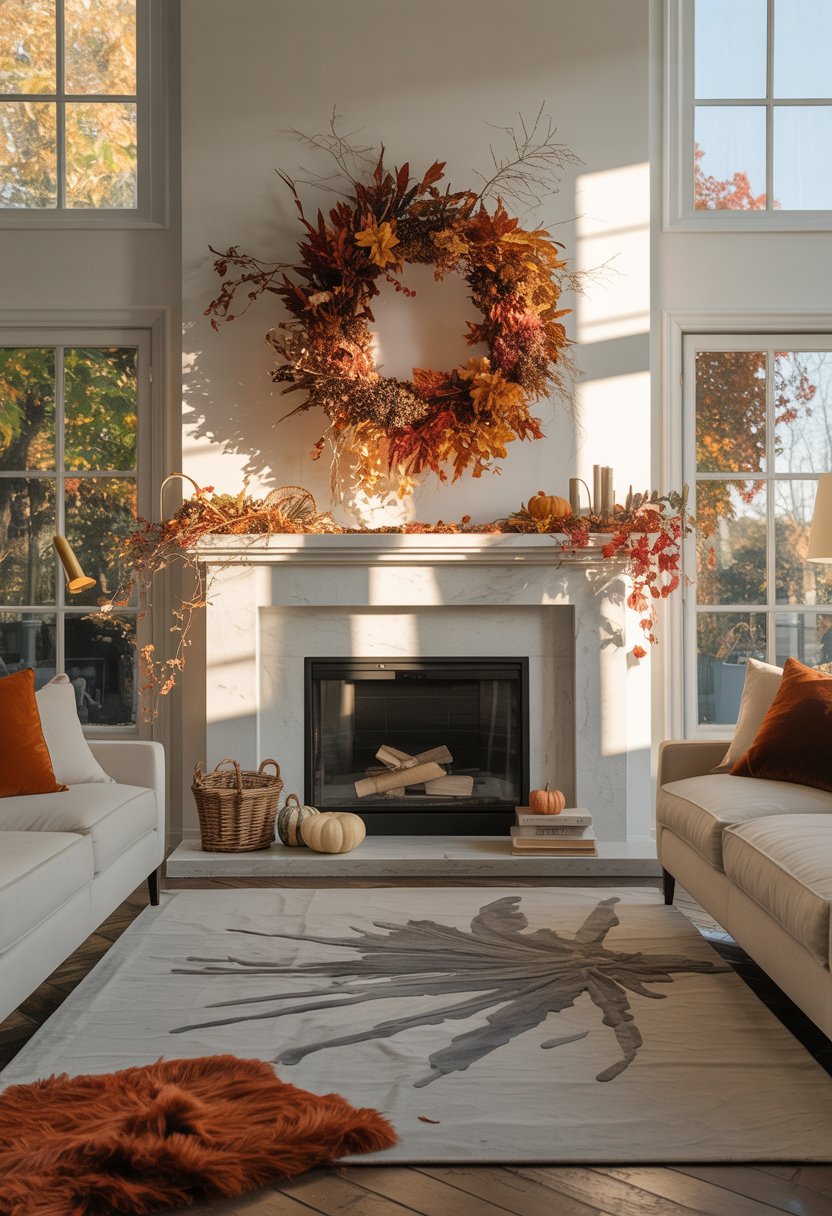 “Modern fall mantel decor with eucalyptus garland and a statement sign”

