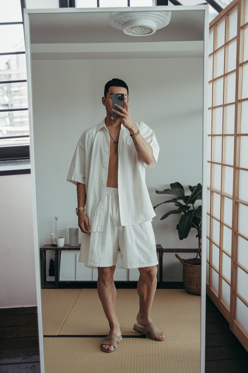 Japanese man taking a mirror selfie wearing an
oversized cotton summer shirt and airy shorts, modern minimal room — japanese mens summer outfits.