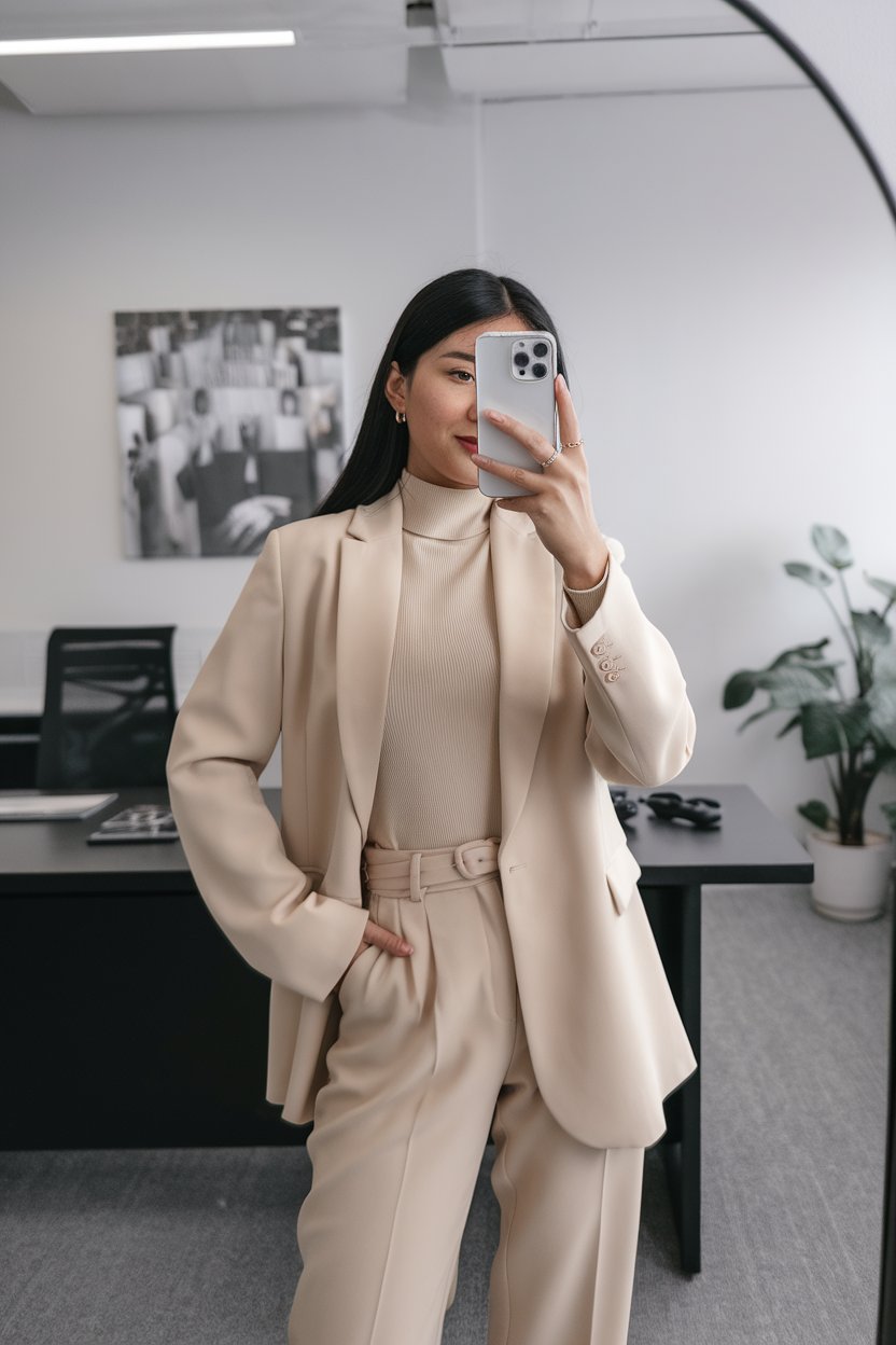 Japanese woman taking a mirror selfie wearing
layered beige office pieces in soft fabrics, modern office environment — women soft beige business outfits.