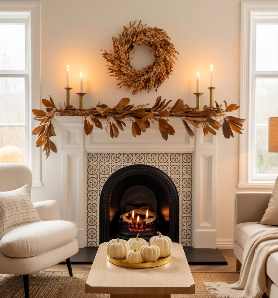 “Fall mantel decoration featuring a rustic wooden clock and greenery”

