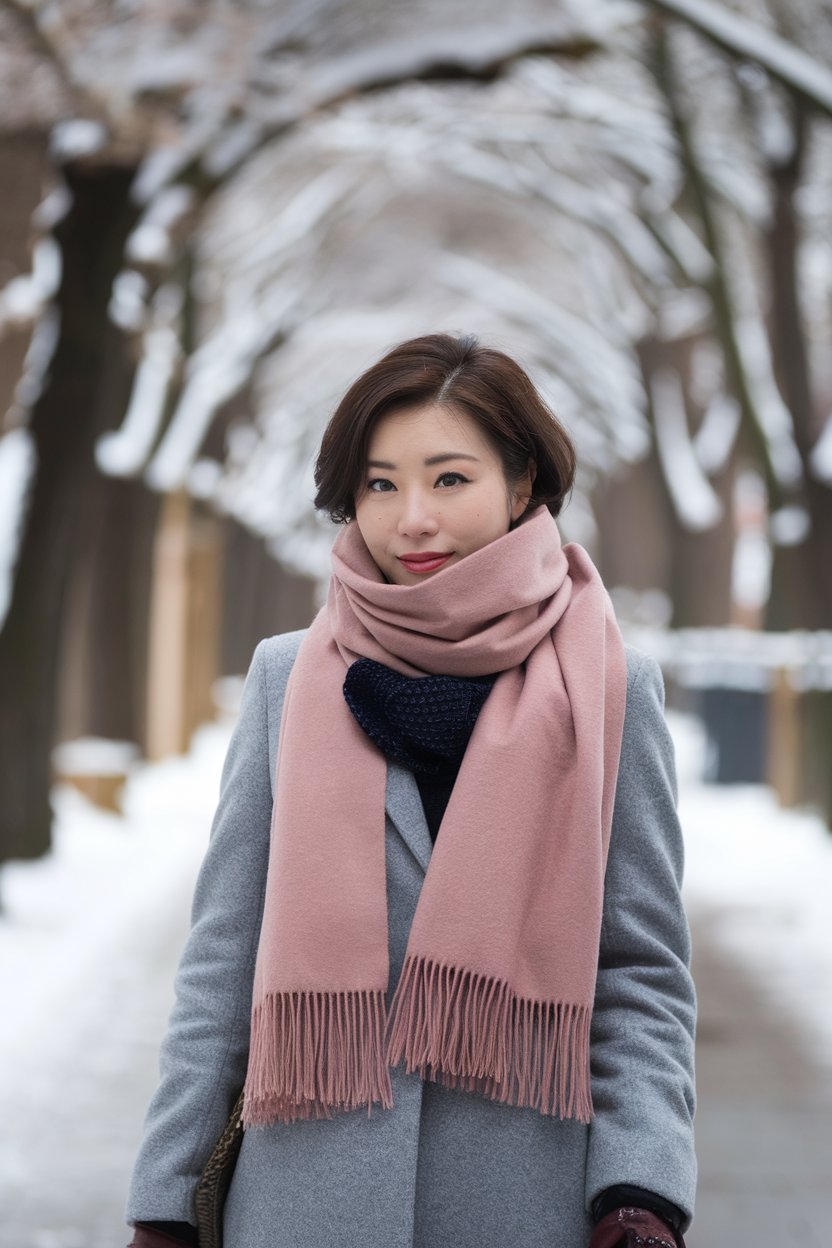 Japanese woman in snow-ready winter business
layers with large scarf and wool coat, snowy Sapporo street — japanese winter outfits.