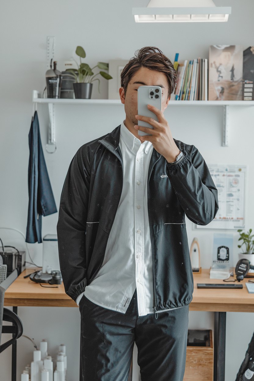 Japanese man taking a mirror selfie wearing a
crisp button-up, relaxed trousers, and tech-fabric jacket, tidy workspace background — japanese mens business casual.