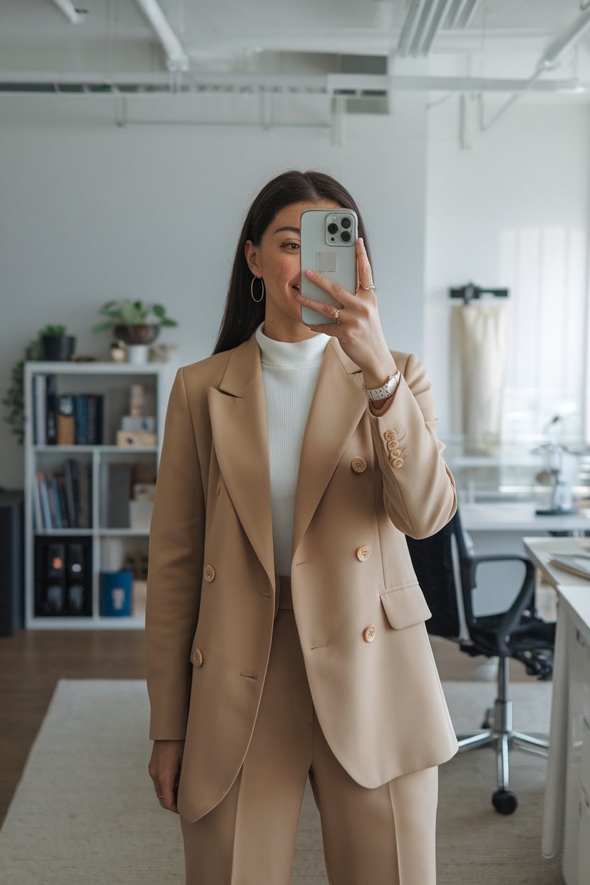 Japanese woman taking a mirror selfie wearing
layered soft fabric office pieces with comfortable structure, modern office environment — women business outfits soft fabrics.