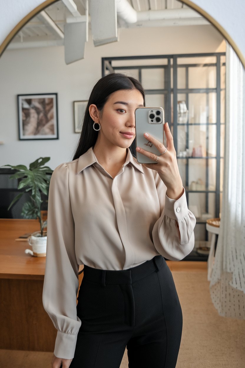 Japanese woman taking a mirror selfie wearing a
neutral-toned elegant blouse with clean tailoring, refined office space — women business blouse outfits.