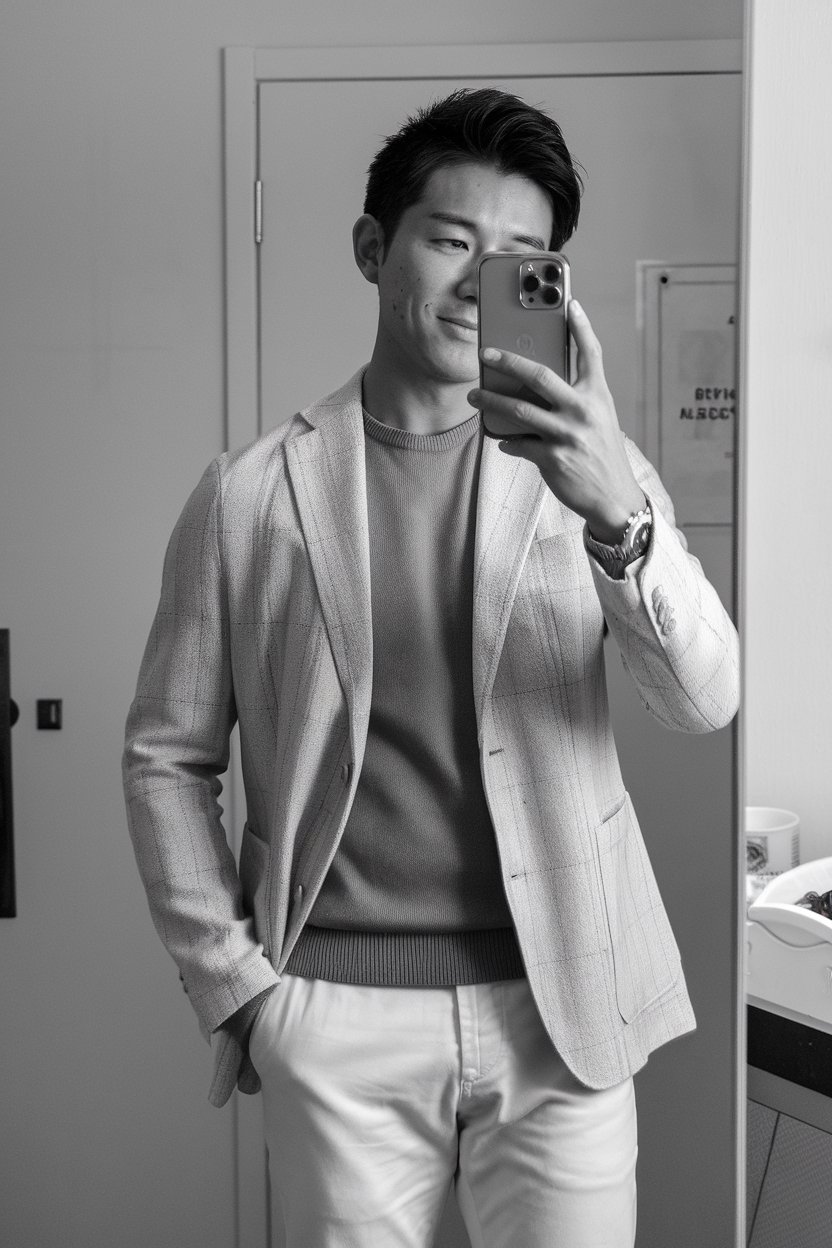 Japanese man taking a mirror selfie wearing a
smart layered business-casual outfit with a light blazer and knit tee, soft premium interior — japanese mens business casual.