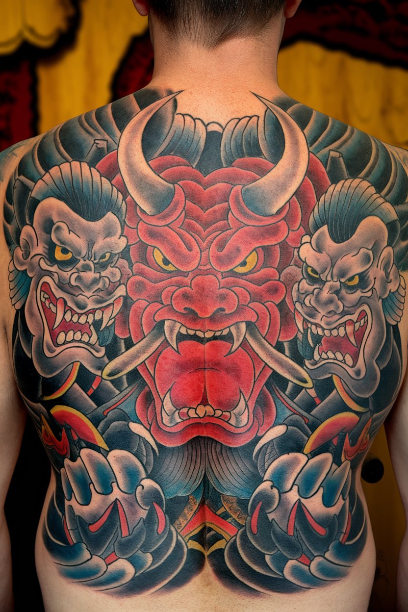 "Samurai Tattoo back A detailed back tattoo
featuring a fierce red demon warrior flanked by two menacing figures.
