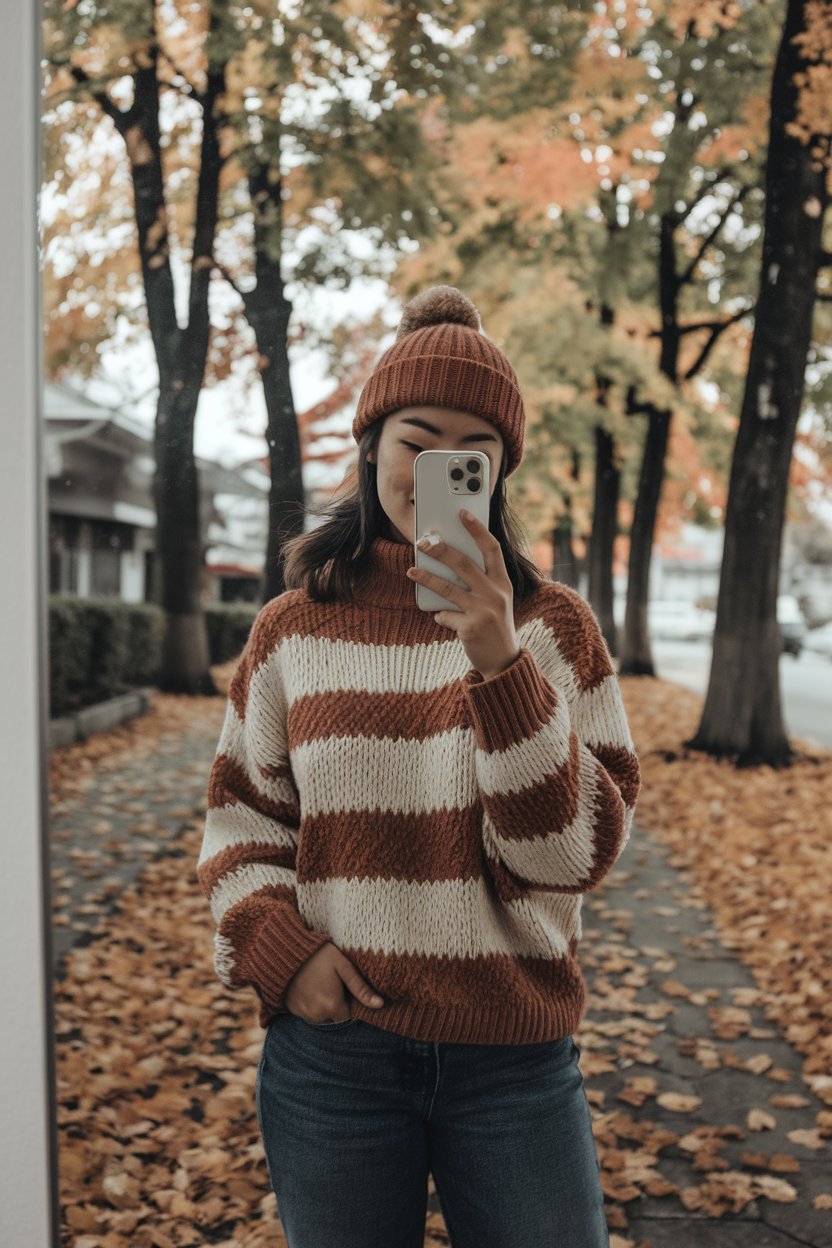 Japanese woman taking a mirror selfie in layered
knitwear with soft fabrics and a cozy autumn vibe — japanese women autumn fashion.
