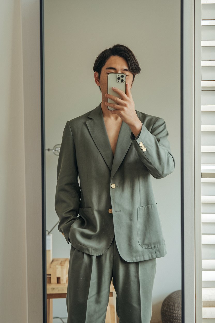 Japanese man taking a mirror selfie in a
soft-tailored blazer and tapered trousers, minimalist room background — japanese mens business casual.