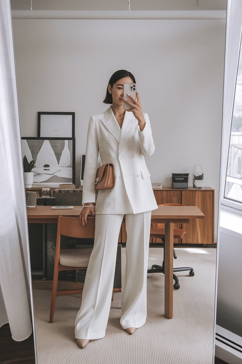 Japanese woman taking a mirror selfie wearing a
crisp white clean-cut office outfit with tailored trousers, clean modern interior — women clean cut office wear.