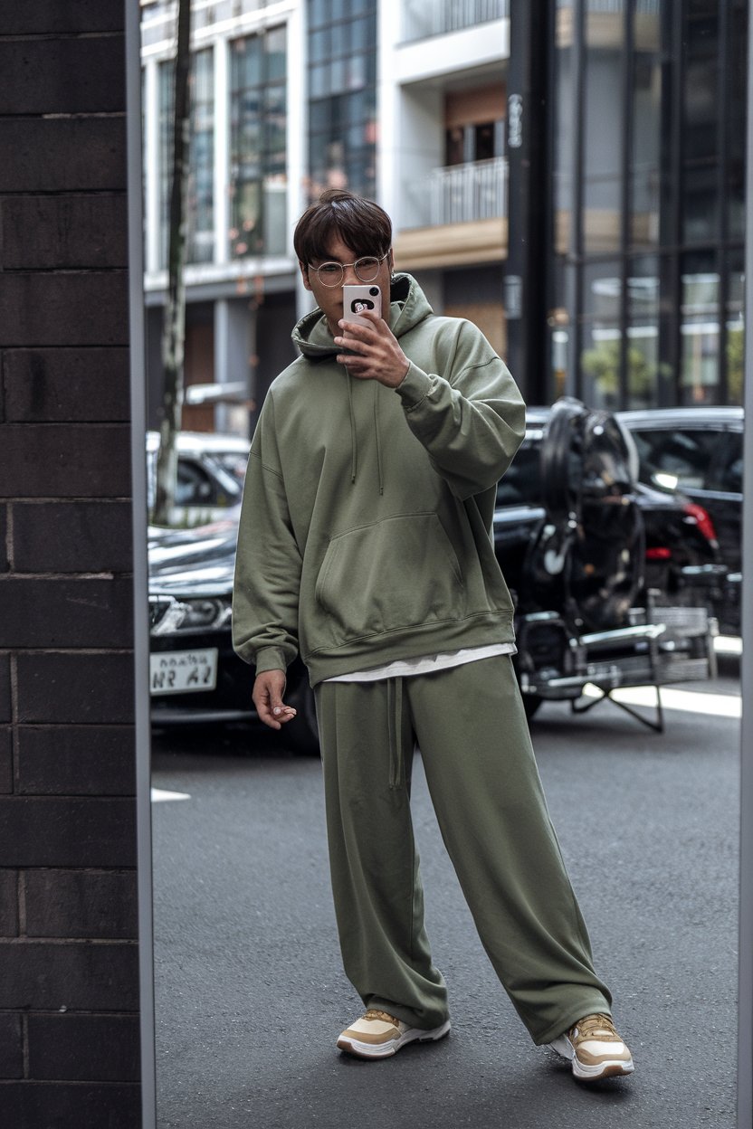 Japanese man taking a mirror selfie wearing a
relaxed oversized hoodie with wide-leg pants and trendy sneakers — japanese mens streetwear.