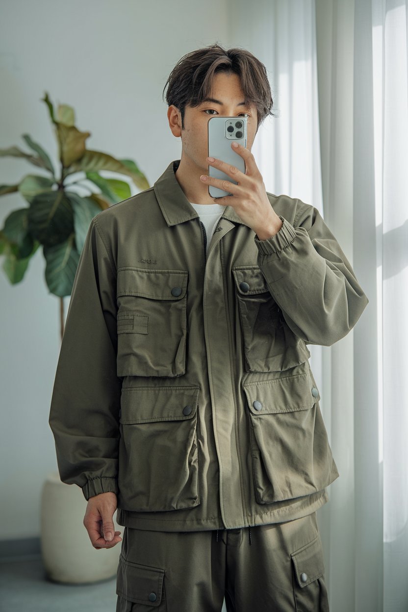 Japanese man taking a mirror selfie in a layered
techwear jacket with detailed pockets and tapered cargo pants, soft natural lighting — japanese mens techwear outfits.