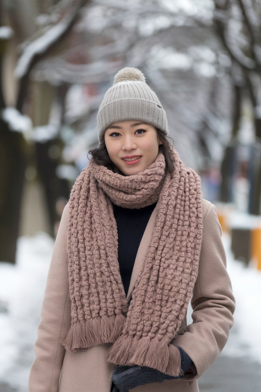Japanese woman in warm layered winter outfit
with beige coat and chunky scarf, snowy Sapporo street — japanese fashion winter.