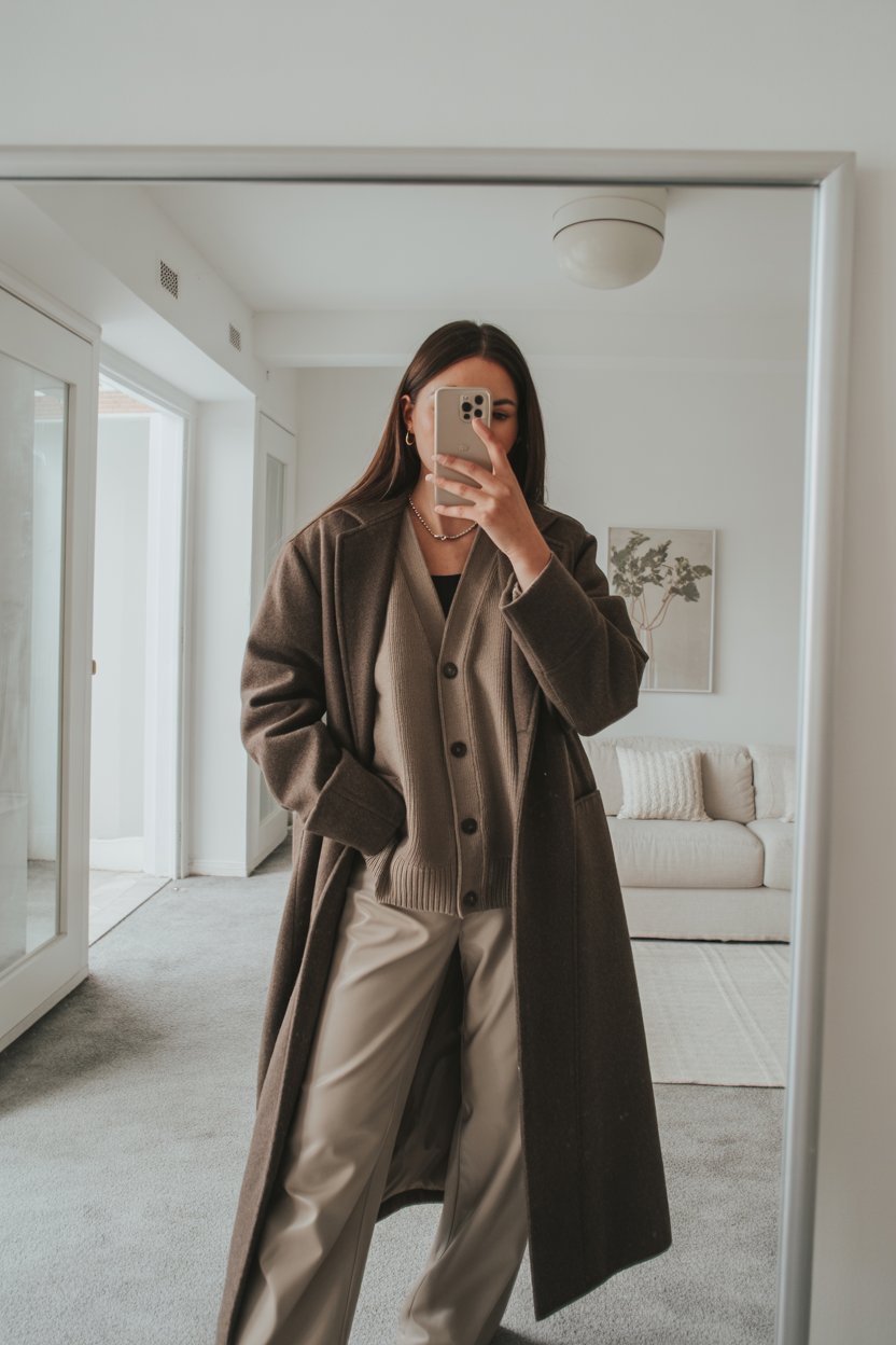 Woman capturing a mirror selfie in layered winter
streetwear featuring a long coat, cardigan, and straight pants. Only her body is visible, shown in a bright and tidy interior.