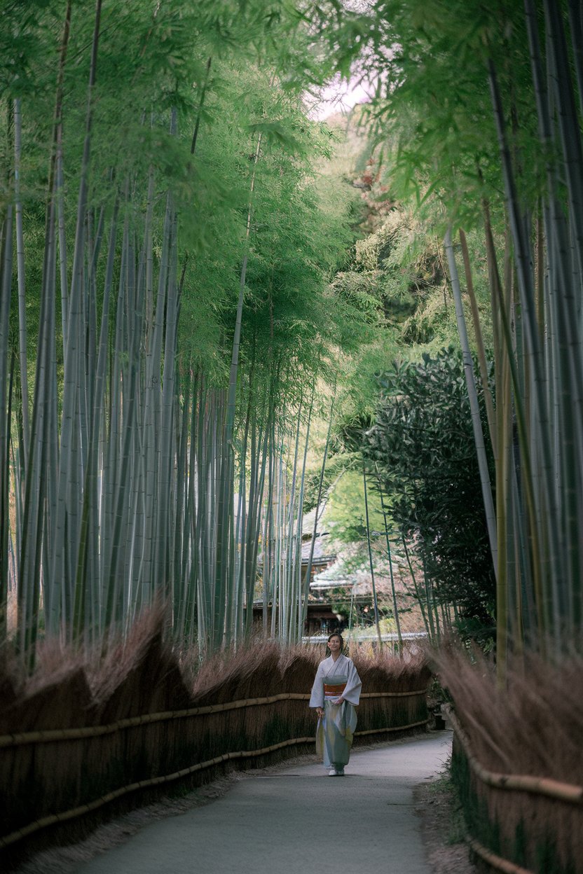 A photo of a Japanese traveler walking through
the Arashiyama Bamboo Forest. The soft green light filters through the dense bamboo canopies. The path is quiet. The traveler is dressed in a traditional Japanese outfit. The background reveals the serene surroundings.