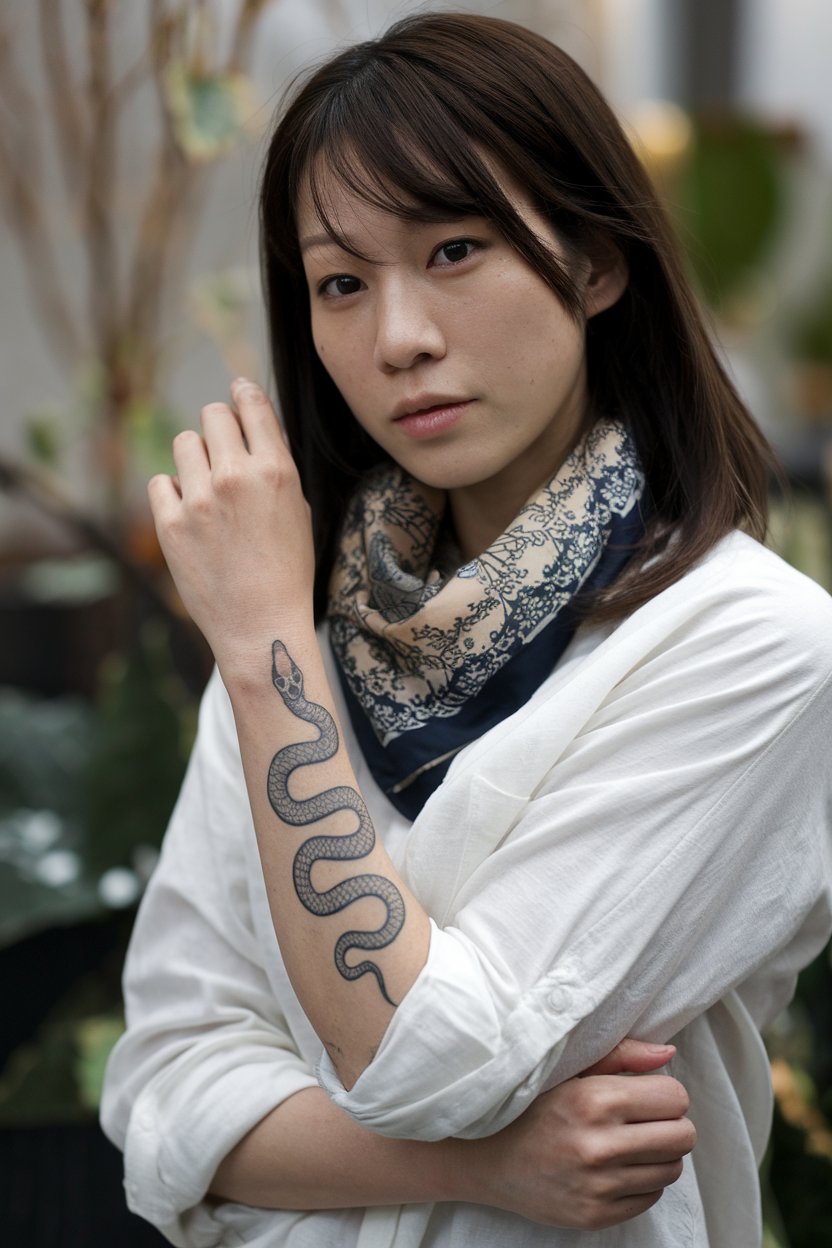 A Japanese woman showcasing a finely detailed snake tattoo along her skin.