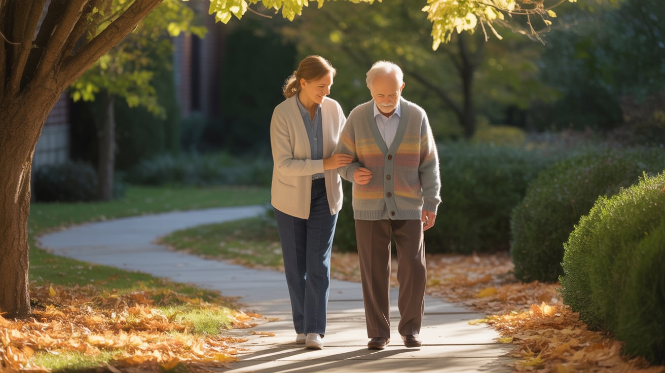 Carer assisting senior with early dementia at home