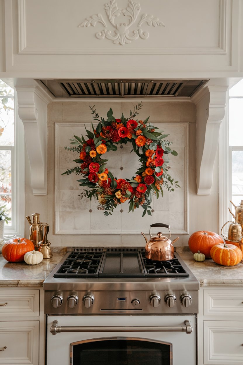Fall kitchen scene featuring cinnamon-scented candle and amber glass jars

