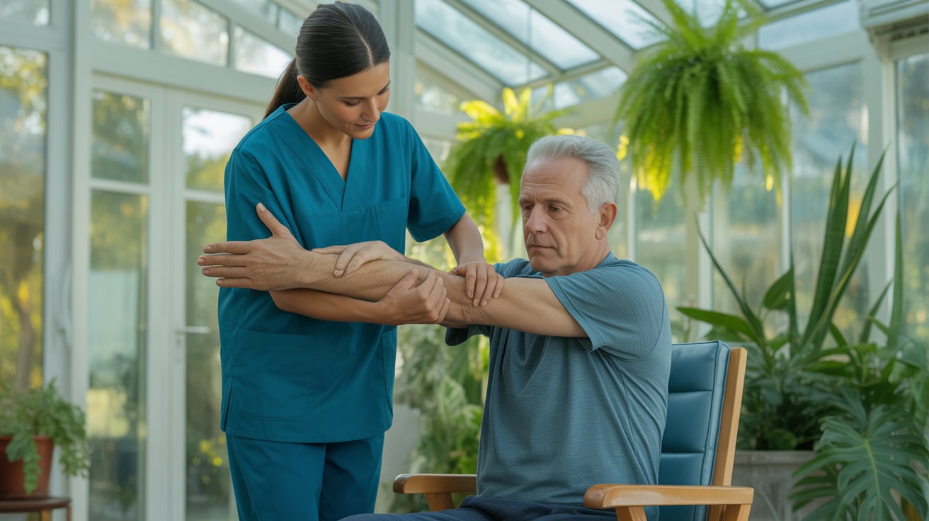 Carer assisting senior with mobility reablement at home