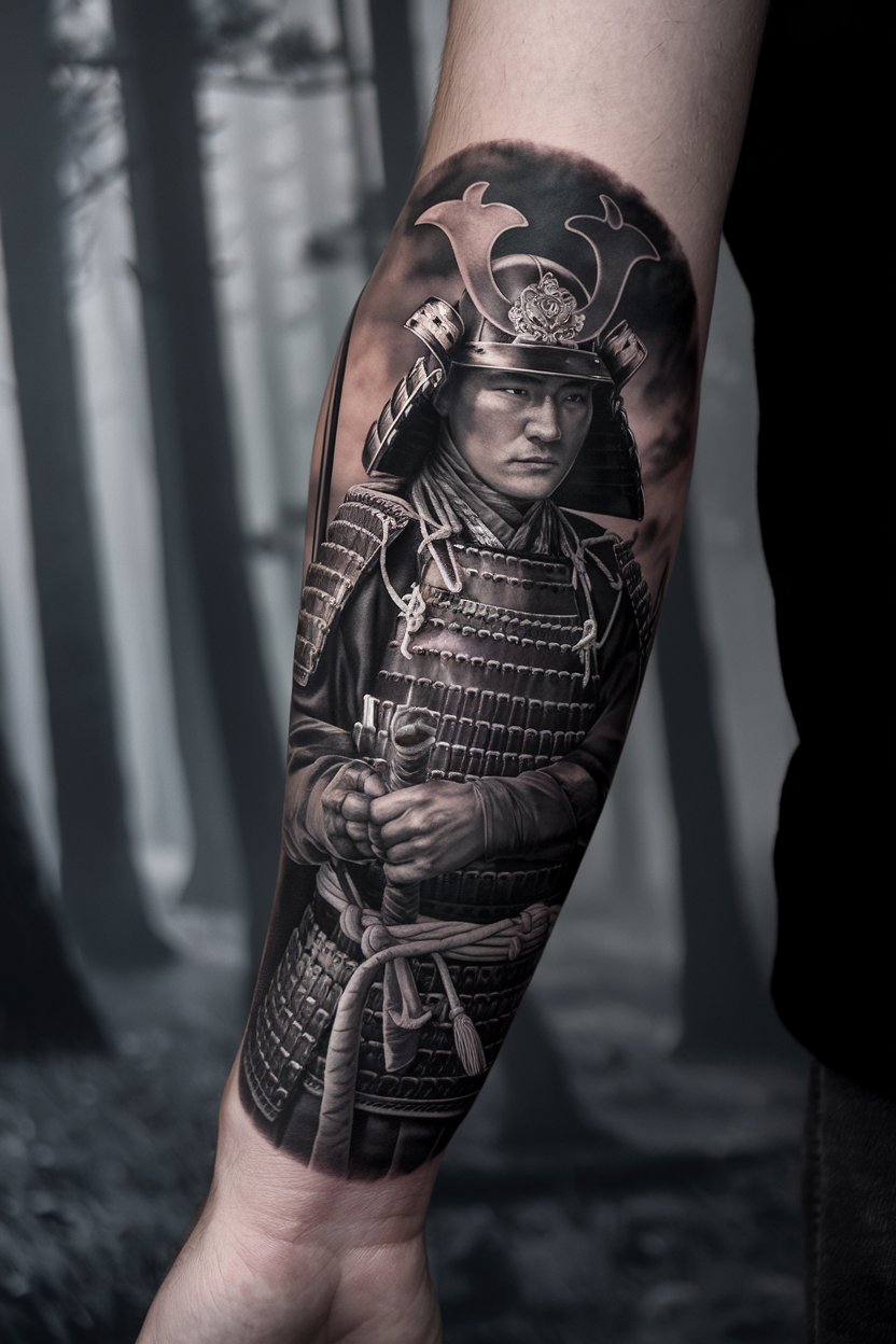"Samurai Tattoo forearm A detailed black and
grey tattoo of a samurai warrior in traditional armor, set against a forest background.